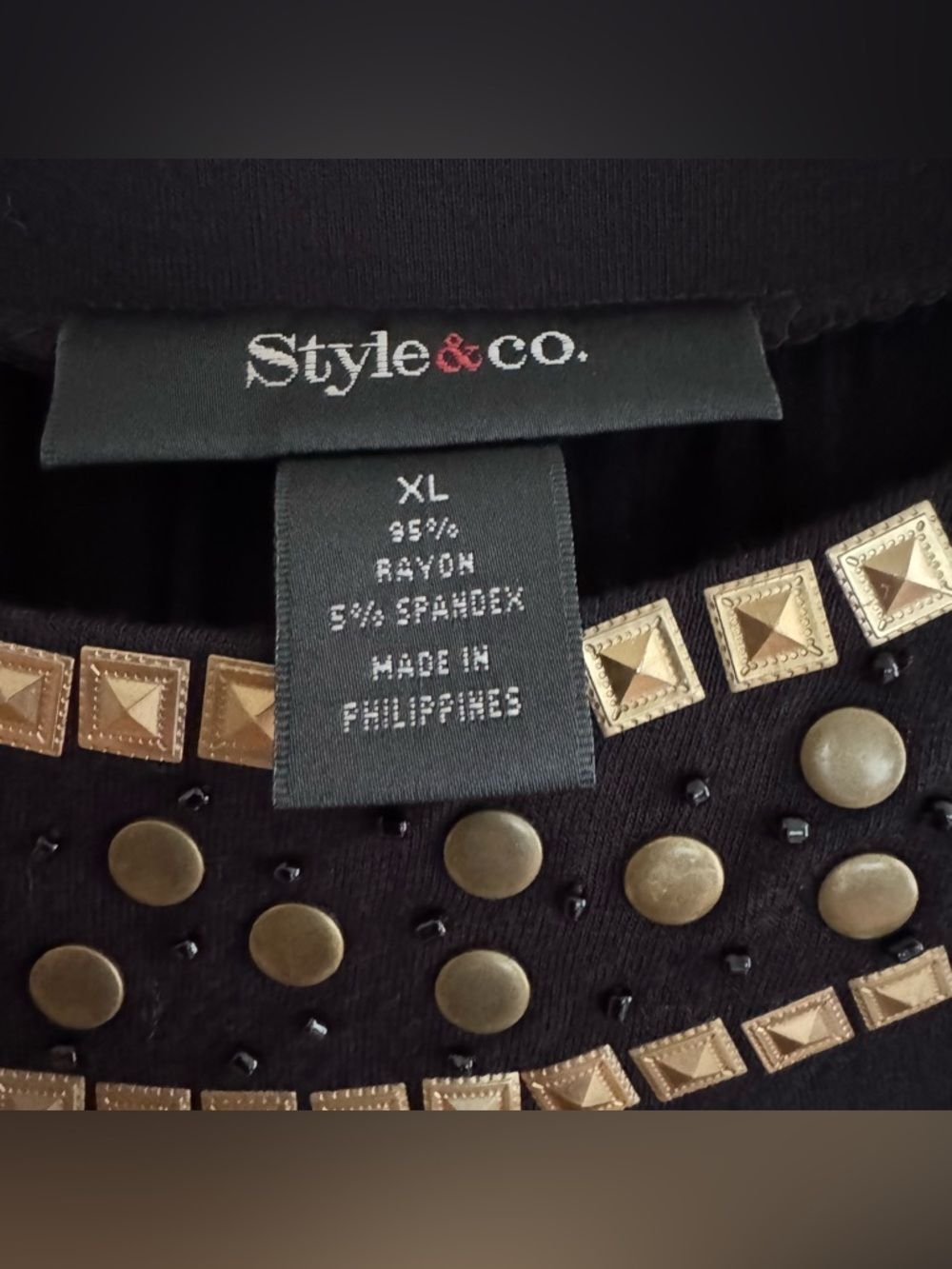 Style & Co. Black Dark Relaxed Peasant Tunic Top Beaded Golden Embellishment XL - Picture 5 of 5